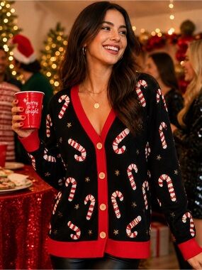 Tipsy Elves Candy Cane Cardigan Sequin Christmas Sweater Large Women’s Holiday